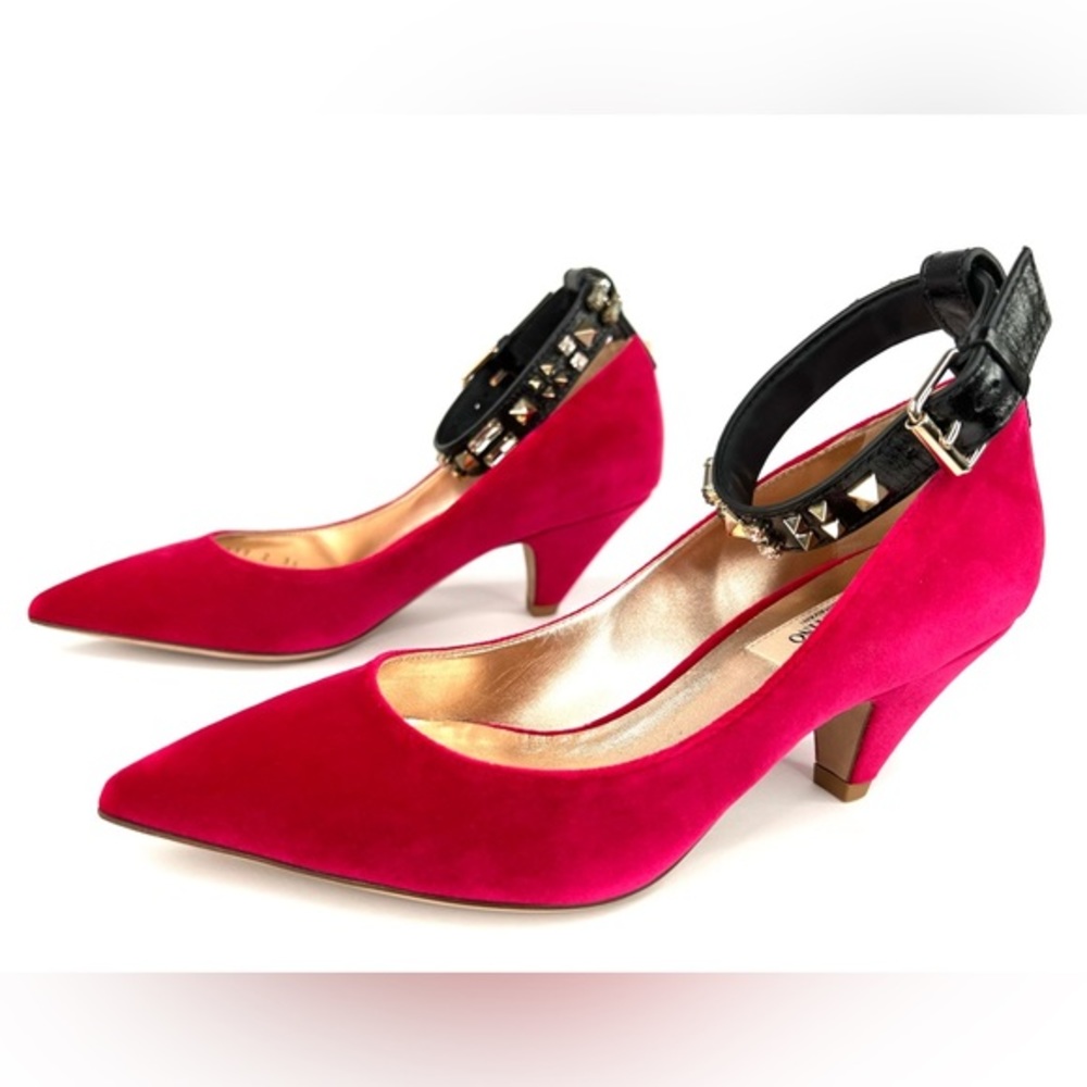 VALENTINO GARAVANI Studded Velvet Crystal Embellished Ankle Strap Pumps EU 35